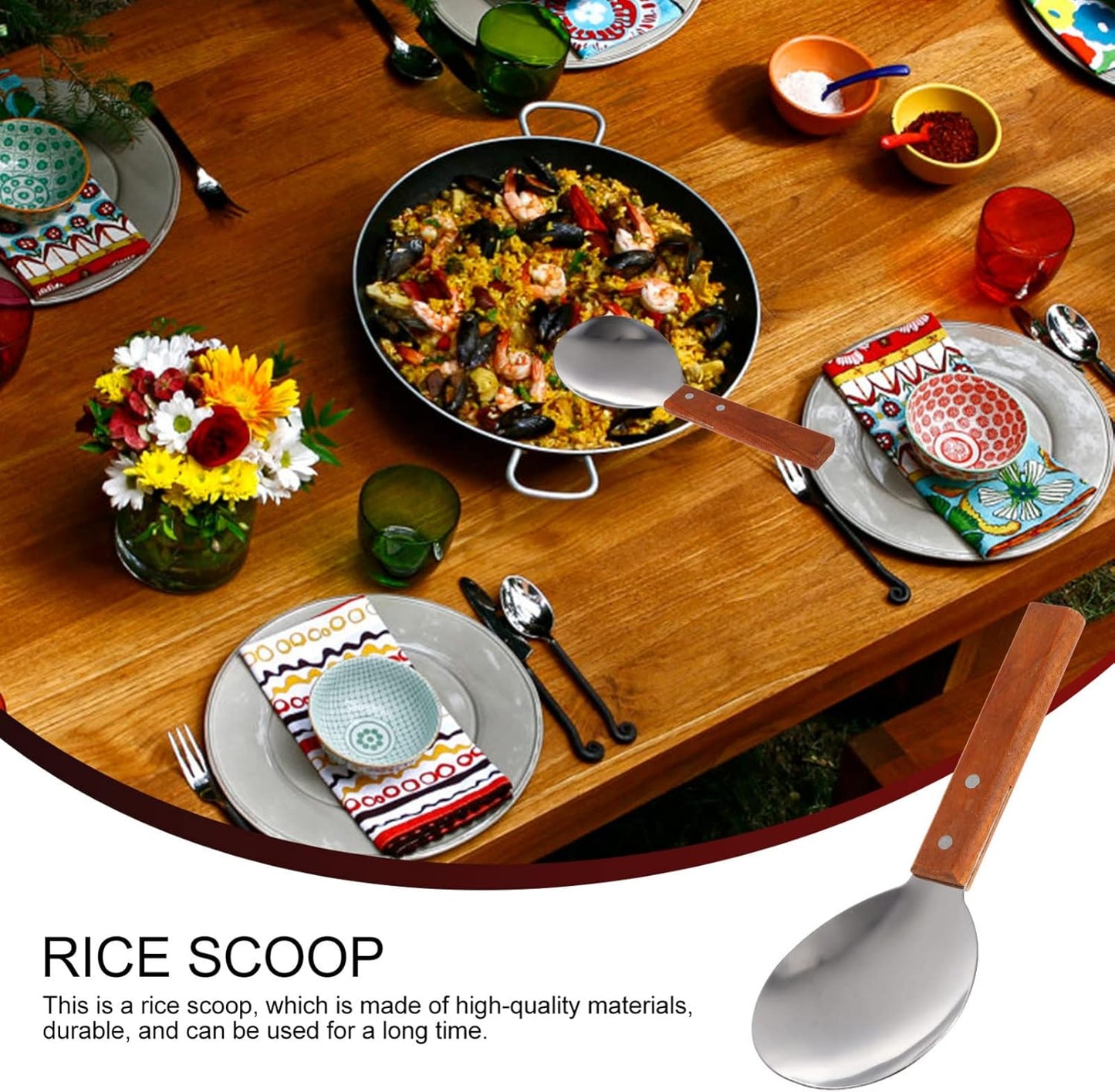 Rice Paddle Set, 4 Pcs Japanese Rice Spatula, Non-Stick Serving Spoon with Wood Handle for Home Kitchen
