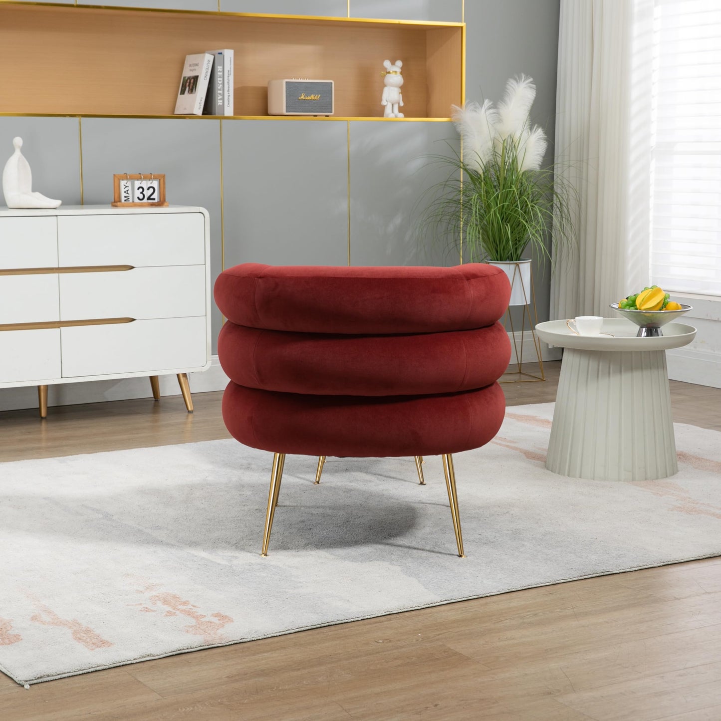 Upholstered Velvet Barrel Accent Chair with Ottoman,Accent Comfy Lounge Arm Chair and Footrest Stool Set,Single Sofa Armchair with Lounge Seat for Bedroom,Office (Wine Red)