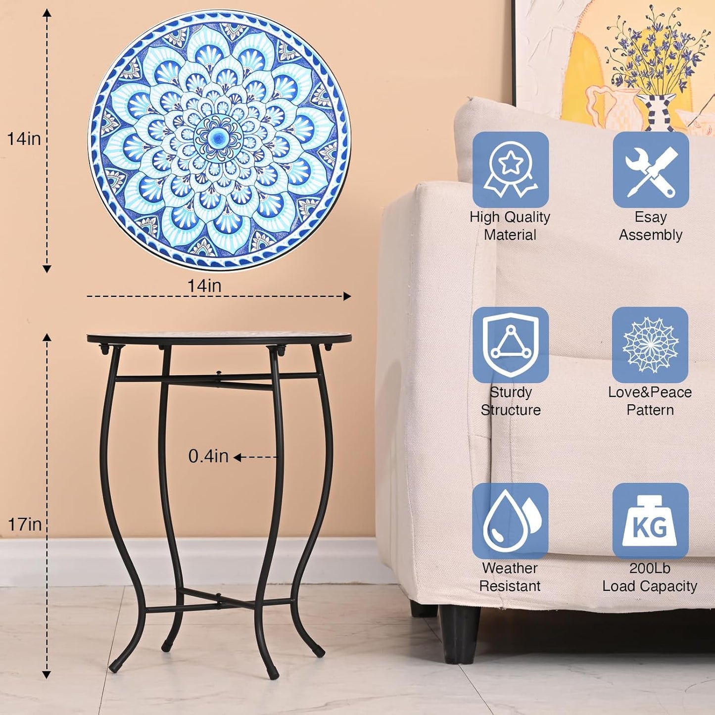 Aonagi 14 17 Round Side Table, Indoor Outdoor Small Side Table, Weather Resistant Black Metal Side Table for Livingroom