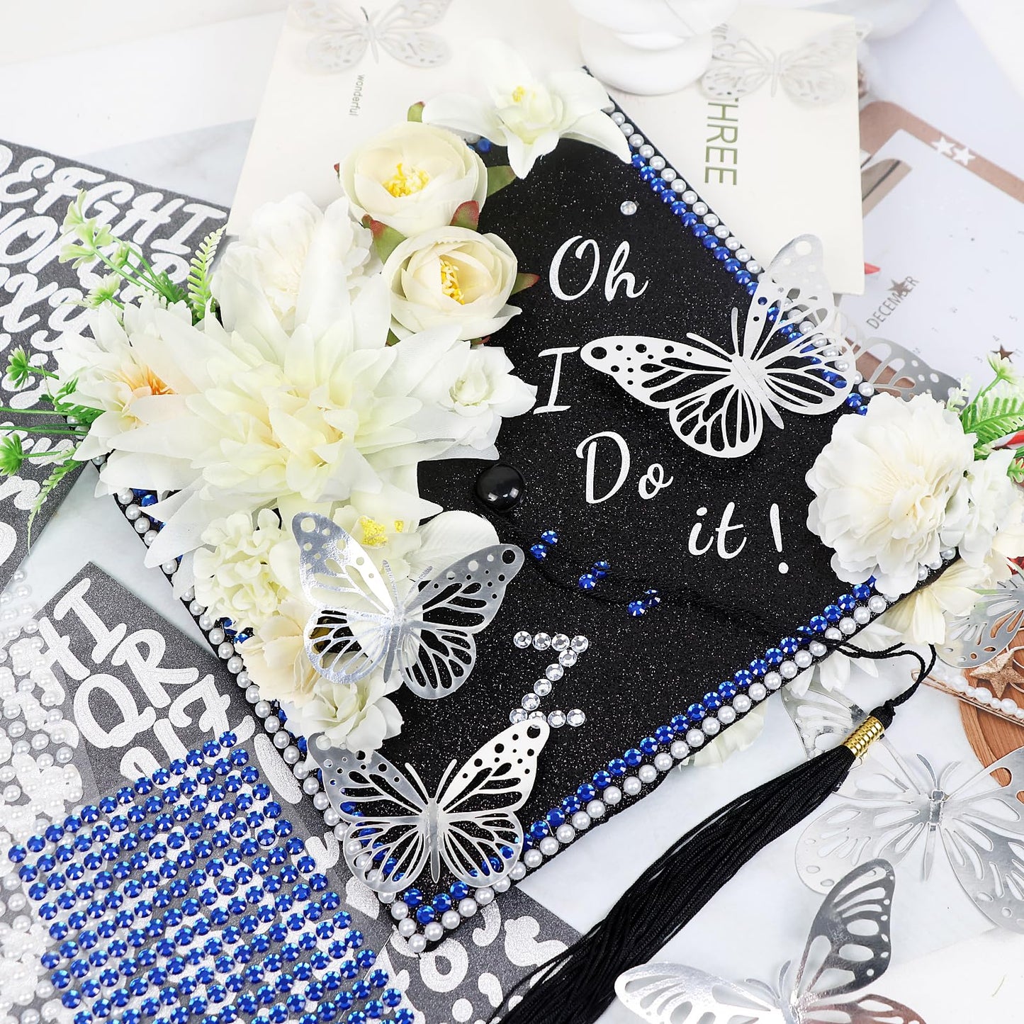 TKNOUS White Flower DIY Graduation Cap Decorations - Artificial Flower Heads, 3D Butterfly & Alphabet Letter Stickers, Glitter Paper for Art DIY Hat Grad Cap Topper