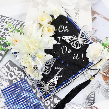 TKNOUS White Flower DIY Graduation Cap Decorations - Artificial Flower Heads, 3D Butterfly & Alphabet Letter Stickers, Glitter Paper for Art DIY Hat Grad Cap Topper