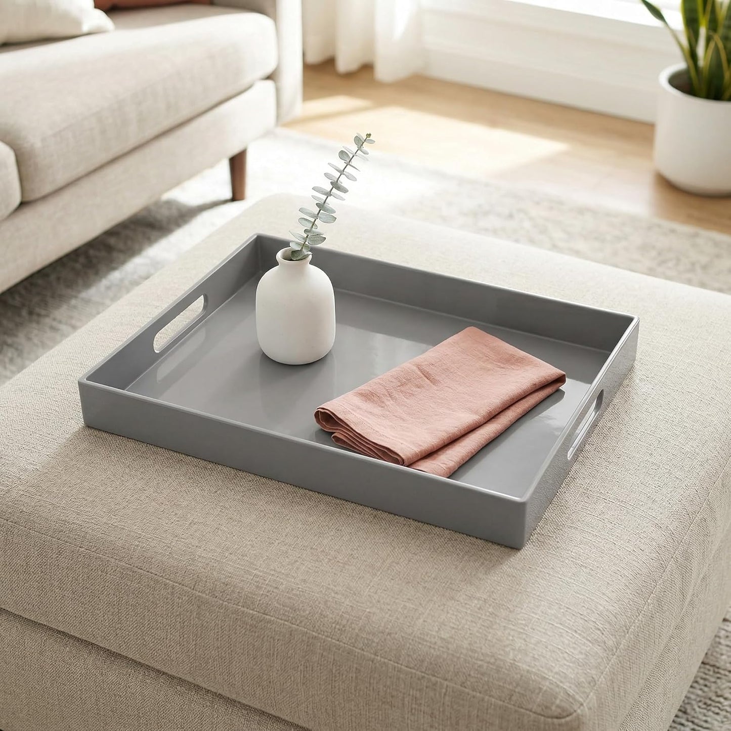15.7 11.8 x1.6 Grey Decorative Tray, Rectangular Large Serving Tray with Handles, Plastic Coffee Table Tray