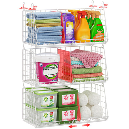 23.62” Extra-Long Under-Shelf Hanging Laundry Basket Organizer, 3-Pack Space-Saving Laundry Organizer, Fits Wire Shelving (Rod Diameter < 0.38”), Modular with Dividers for Custom Laundry Organization