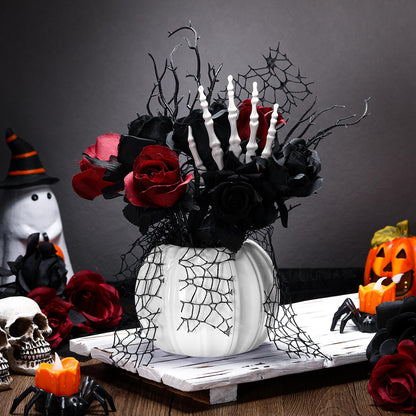 Chuangdi Halloween Table Centerpieces Decorations Halloween Table Artificial Flowers Decor Gothic Skeleton Hand with Black Red Fake Roses Removable Pumpkin Vase for Party Dining Photo Props