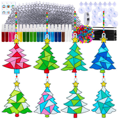 Winlyn 24 Sets Christmas Tree Suncatchers Ornaments Decorations DIY Window Paint Art Suncatchers Winter Crafts Painting Kits for Kids Classroom Activities Art Project Party Favors