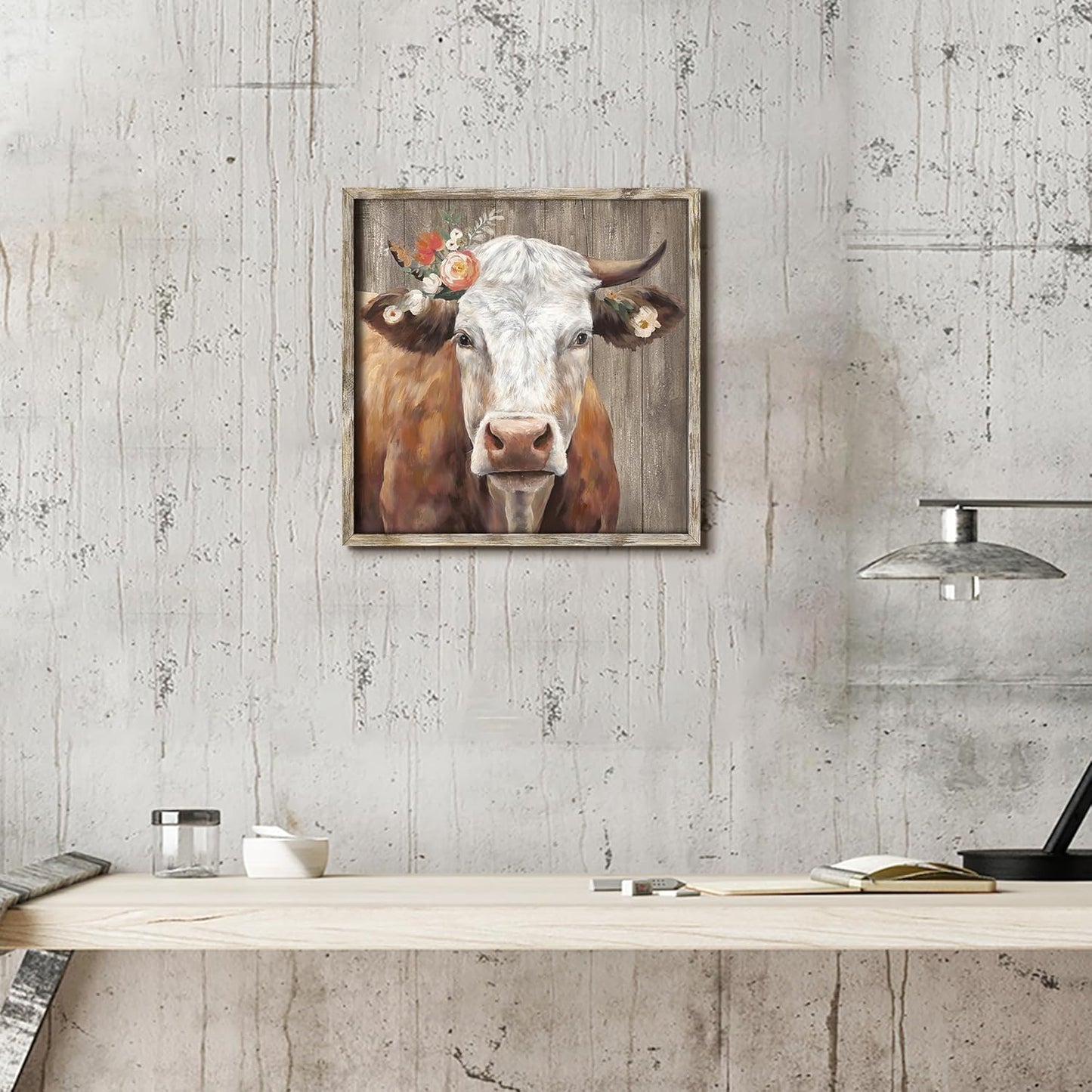 Cattle Framed Wall Art Decor, Rustic Farmhouse Cow Animal Painting with Wildflowers Artwork for House