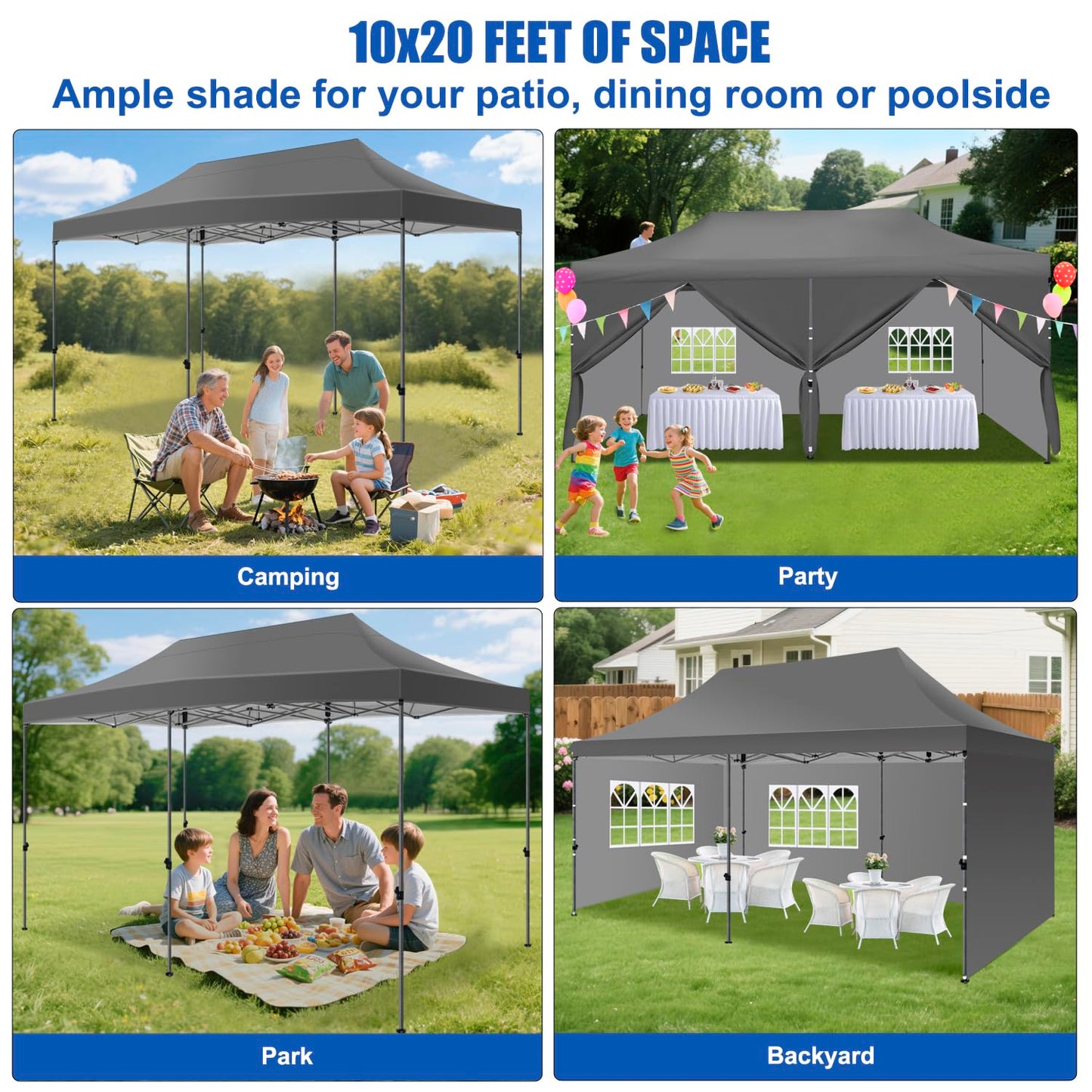 Yesker 10x20 Pop Up Canopy Tent with Sidewalls Instant Outdoor Canopy, Waterproof & UV Protection, Easy Setup Adjustable Height Heavy Duty Shelter Gazebo Tent for Patio Backyard Party Events, Gray