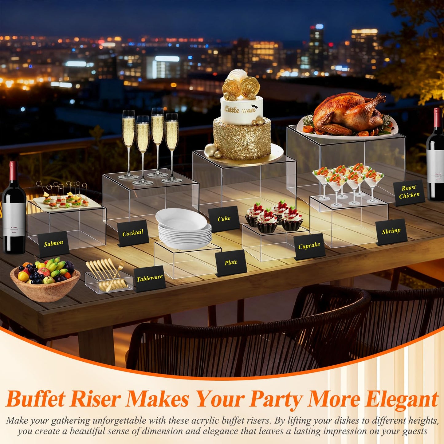 8 Pcs Clear Acrylic Buffet Risers with Mini Sign and Maker,Buffet Risers and Stands Clear Food Display Risers for Buffet Table Party Catering Dessert Cupcake Collectibles (8" 7" 6" 5" 5" 4" 4" 3")