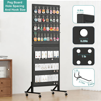 CursorTech Peg Board Display Stand with Extra 32 Hooks 24" X70” Metal Pegboard on Wheels and T-Base Standing Rack Organizer Units for Ornament Retail & Vendors Craft Show Store Display