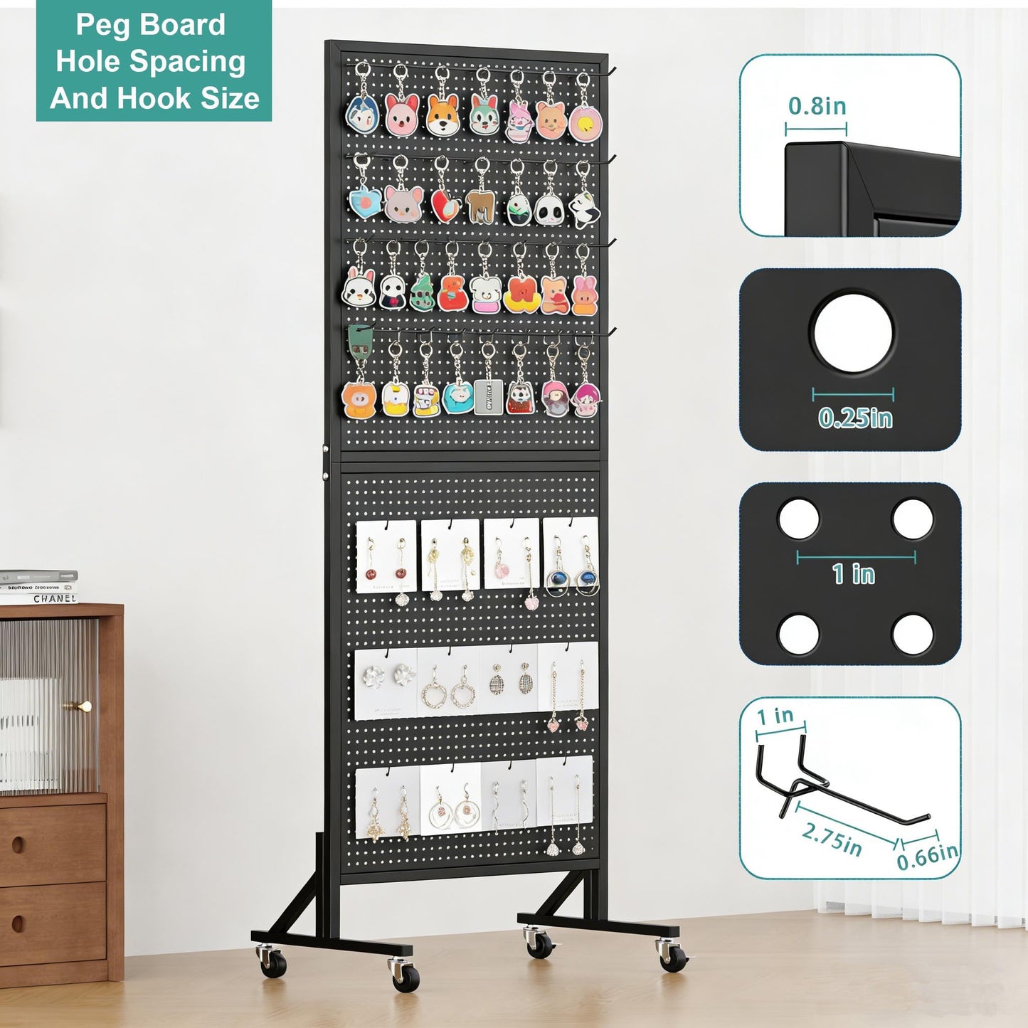 CursorTech Peg Board Display Stand with Extra 32 Hooks 24" X70” Metal Pegboard on Wheels and T-Base Standing Rack Organizer Units for Ornament Retail & Vendors Craft Show Store Display