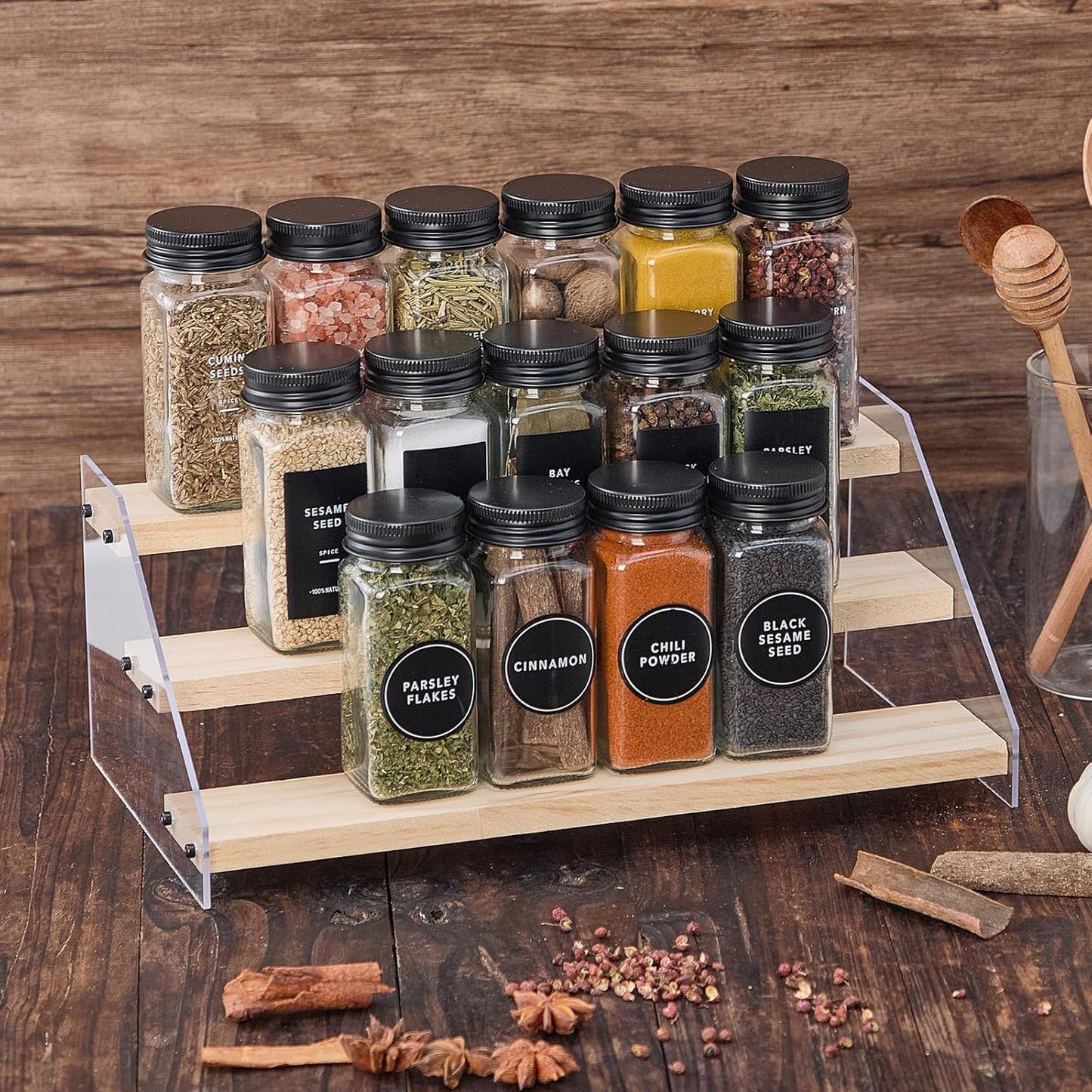 24 576 4oz Glass Spice Jars with Labels-Spice Jars with Black Metal Caps, Empty Square Spice Containers with Shaker