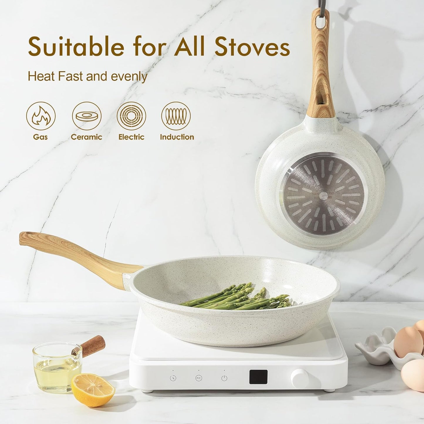 SENSARTE Nonstick Ceramic Frying Pan - 8-Inch Healthy Omelet Skillet, PFAS-Free, Induction Compatible, White (Set of 2)