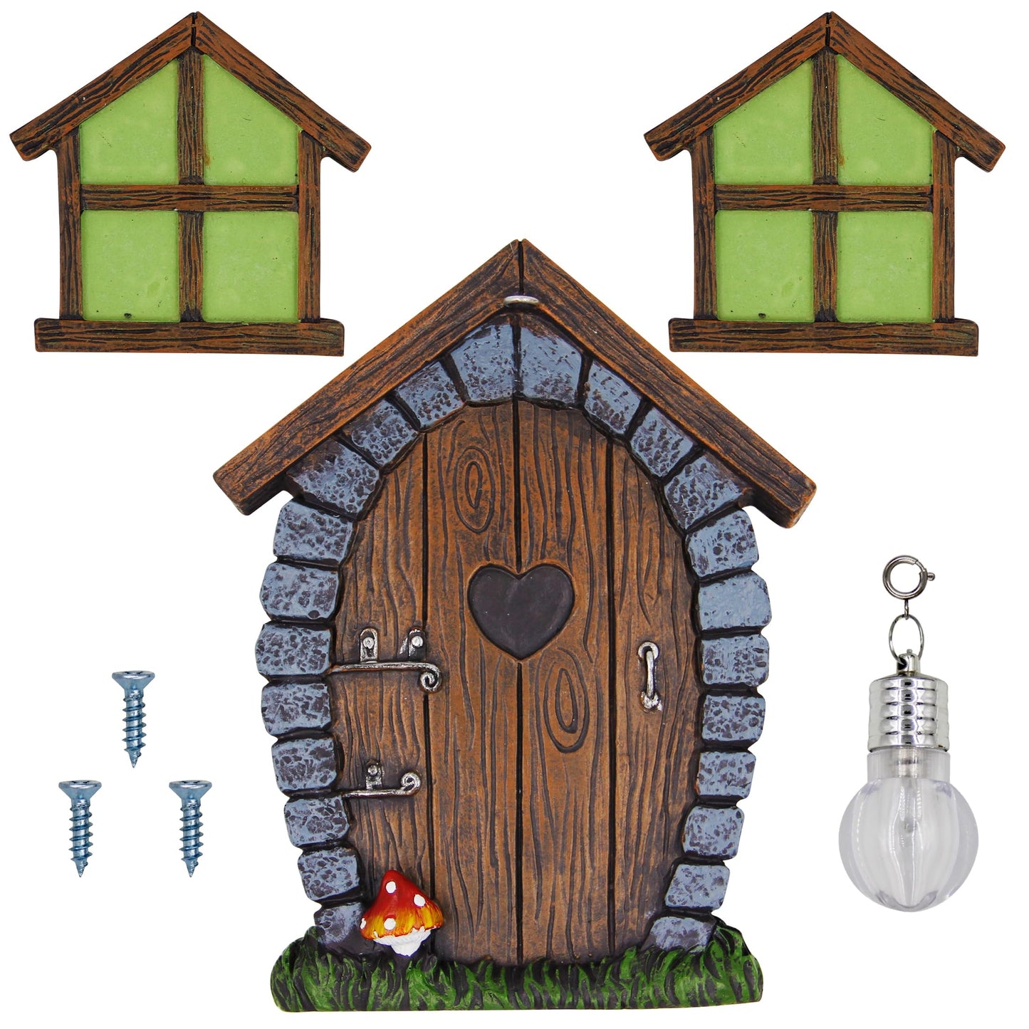 Juegoal Fairy Gnome Home Miniature Window and Door with Litter lamp for Trees Decoration, Glow in Dark Fairies Sleeping Door and Windows, Yard Art Garden Sculpture, Lawn Ornament Decor