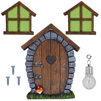 Juegoal Fairy Gnome Home Miniature Window and Door with Litter lamp for Trees Decoration, Glow in Dark Fairies Sleeping Door and Windows, Yard Art Garden Sculpture, Lawn Ornament Decor