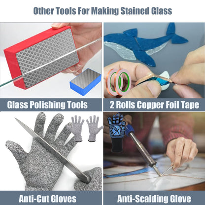 Stained Glass Kit, Stained Glass Supplies, Stained Glass Kits for Beginners, with 80W Soldering Iron Kit, Glass Cutter Tool Kit, Copper foil Tape, Cut Resistant and Welding Gloves