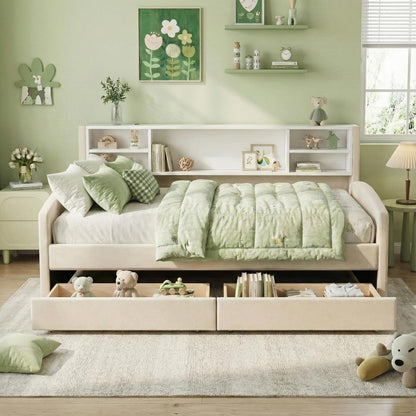 Merax Twin Size Upholstered Platform Bed with Storage and Drawers, Beige