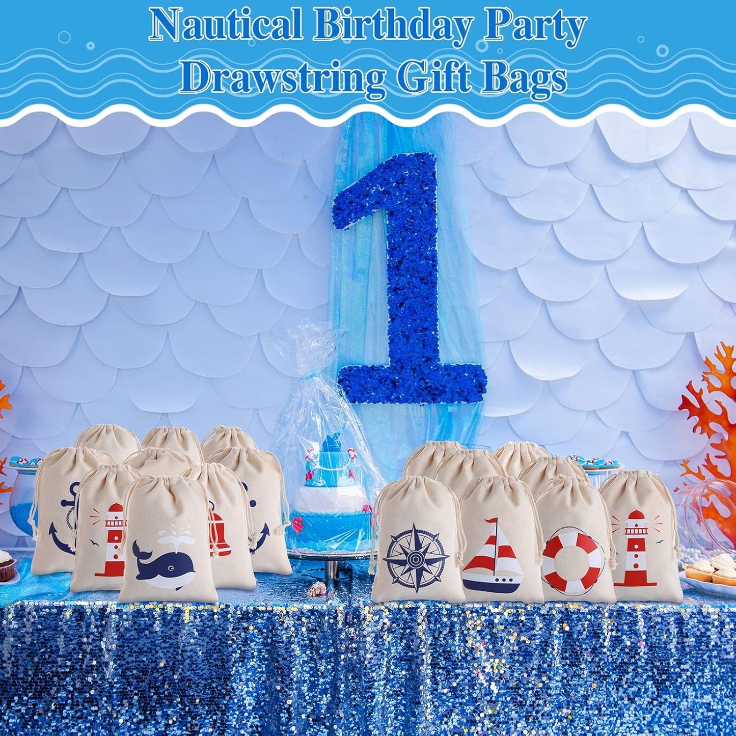 24 Pack 7 5 inch Shellwei Nautical Gift Bags Cotton Nautical Anchors Drawstring Bags Themed Favor Boat Goodie x
