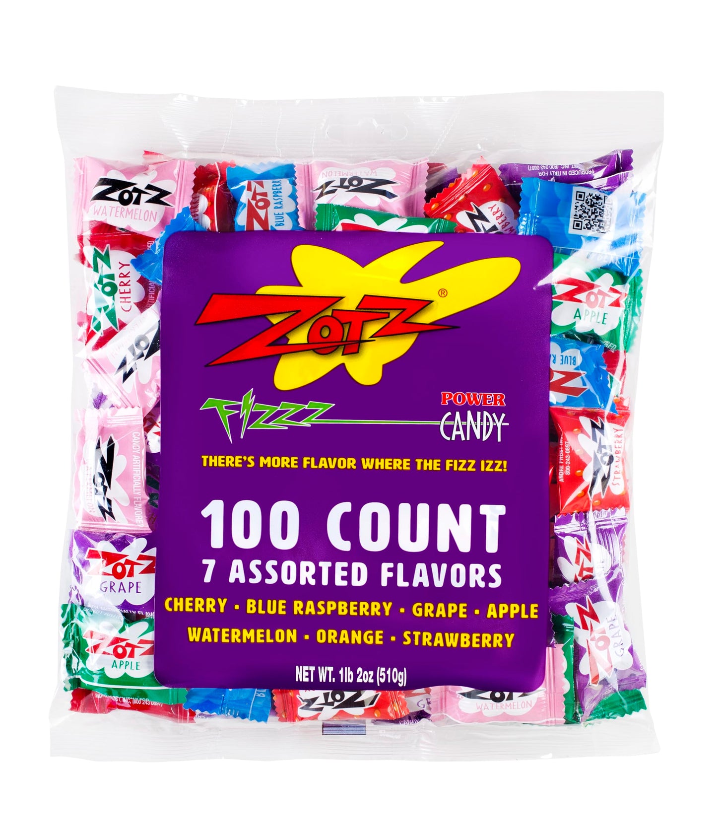 Zotz Fizzy Bulk Candy (Assorted, 100 Units)- Hard Candy Individually Wrapped- Assorted 7 Fruit Flavors, Cherry, Watermelon, Strawberry, Blue Raspberry, Apple, Orange & Grape- From Italy Since 1970
