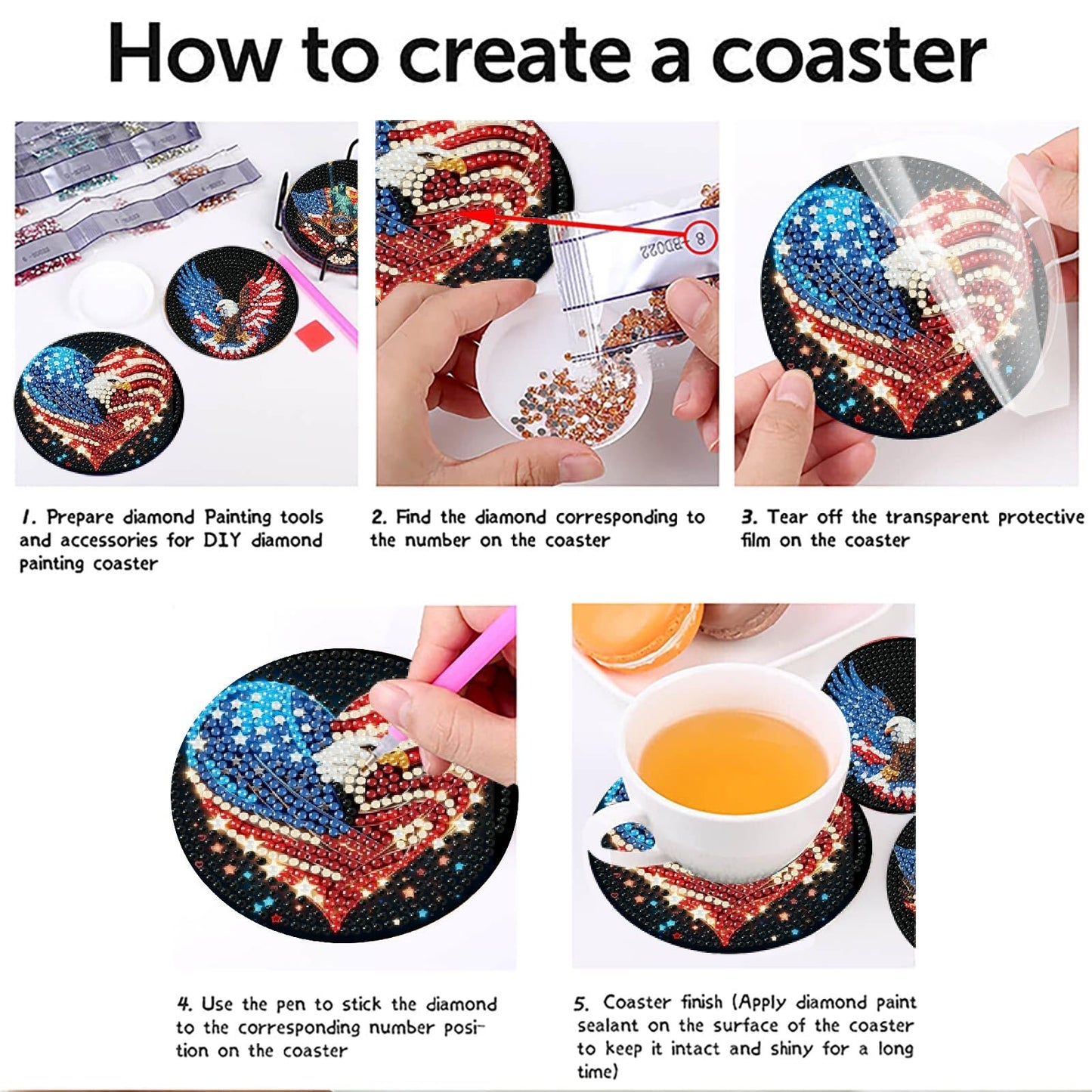 8 Pcs Ameriacn Flag Eagle Diamond Art Coasters Kits for Adults,DIY 4th of July Crystal Diamond Painting Coaster Kits with Holder, Independence Day Coasters Craft Supplies for Decor Gifts