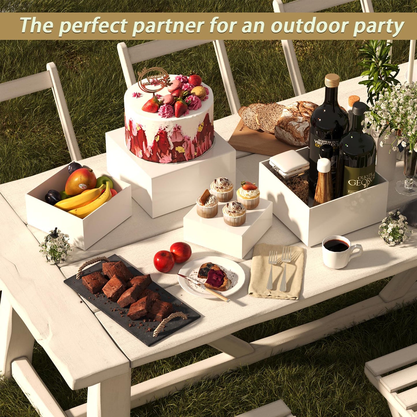 6PCS Buffet Risers with Mini Sign and Marker, Food Risers for Buffet Table, Catering Dessert Cake Stand for Party, Display Riser for Collectibles, Dessert Table Display Set, Acrylic Boxes Nesting Risers, White (5"x6"x7"8"x9"x10")