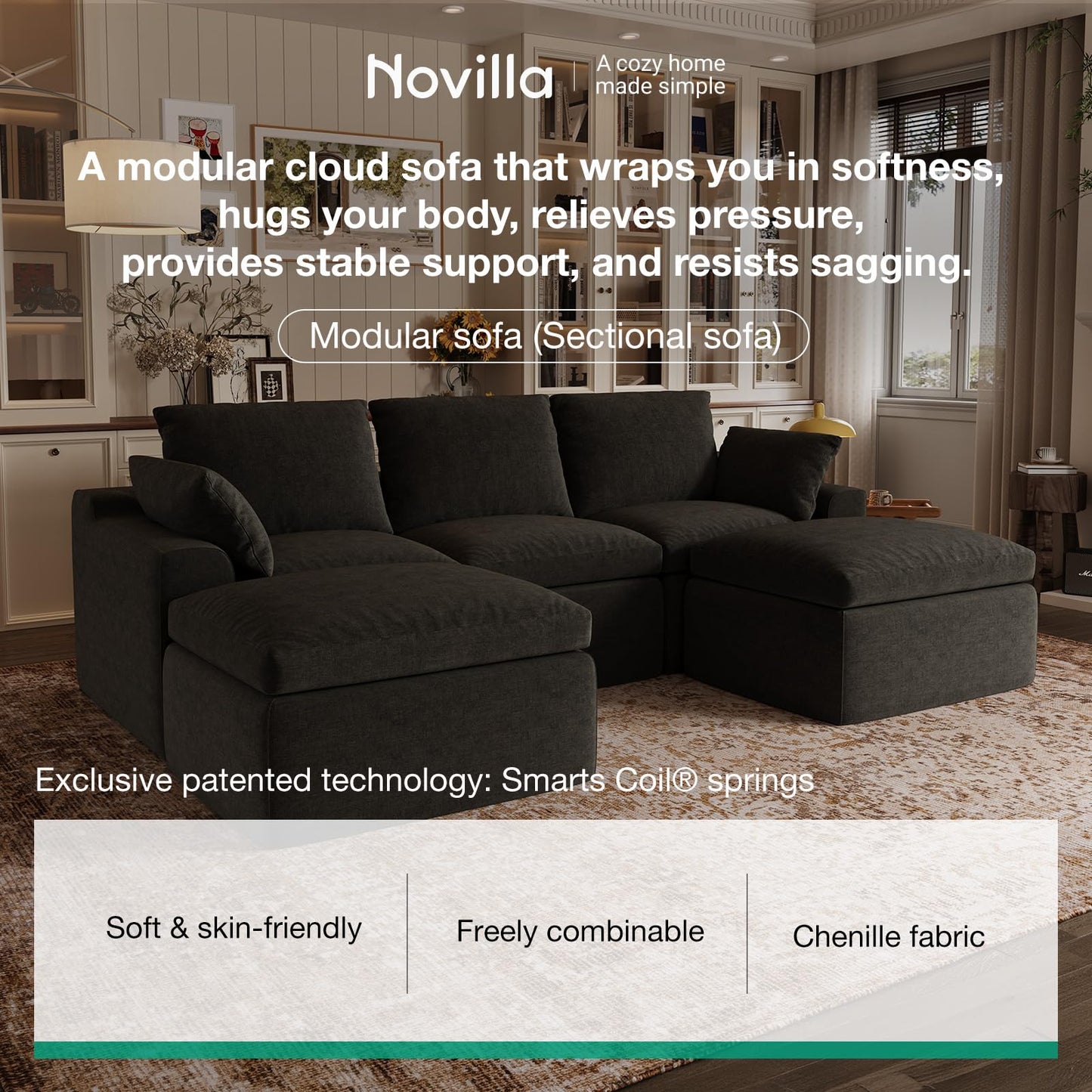 Novilla 104.3" Modular Cloud Couch, Modern Sectional Sofa with Smarts Coil® Support, Chenille Fabric, Upholstered Couch for Living Room Apartments Bedroom, No Assembly, 5 Seater, Dark Grey