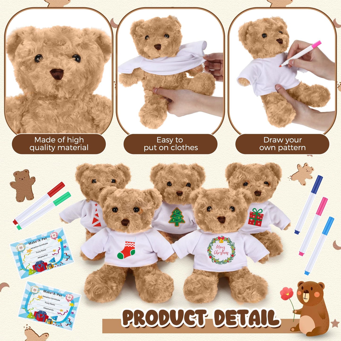 Blueweenly 20 Pcs 5 Set Graduation Make Your Own Stuffed Animal Teddy Bear Kit Including 5 9.84 Inches Velvet Animal with T Shirts and Markers for Graduates DIY Craft Gift(Khaki,Bear)