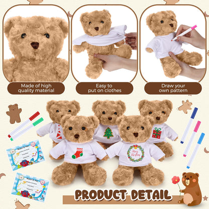 Blueweenly 20 Pcs 5 Set Graduation Make Your Own Stuffed Animal Teddy Bear Kit Including 5 9.84 Inches Velvet Animal with T Shirts and Markers for Graduates DIY Craft Gift(Khaki,Bear)