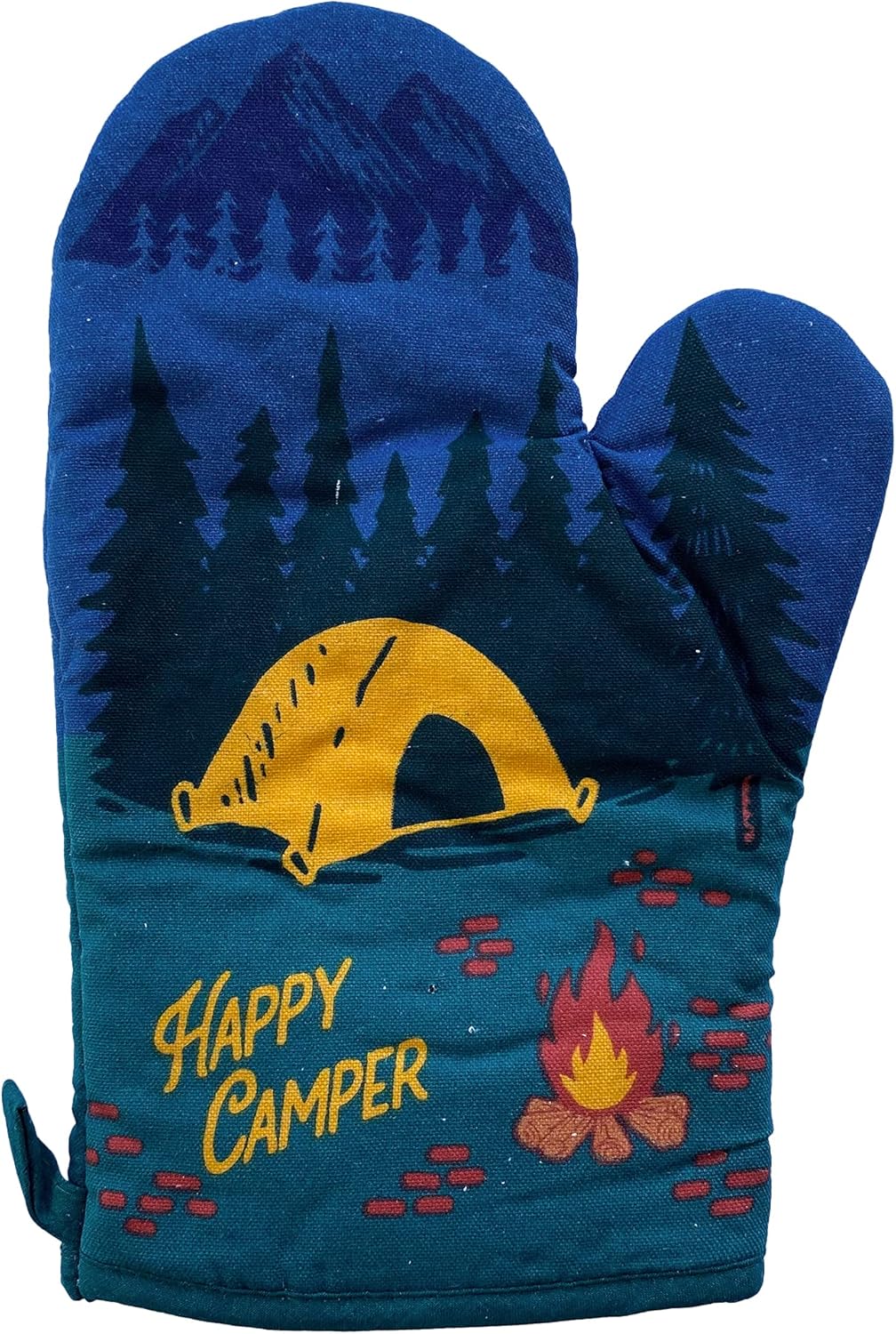 Happy Camper Oven Mitt, Funny Graphic Kitchen Glove for Hiking Campfire Forest Nature Bonfire Kitchenwear