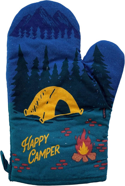 Happy Camper Oven Mitt, Funny Graphic Kitchen Glove for Hiking Campfire Forest Nature Bonfire Kitchenwear
