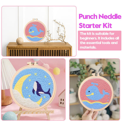 Cheloment 2 Sets Punch Needle Kits with 5mm/3.5mm Punch Needle,Fabric,Threader, Yarns and Hoops Embroidery Starter Kit for Adults Beginner, Perfect for DIY Craft and Decoration (Dolphin&Whale)