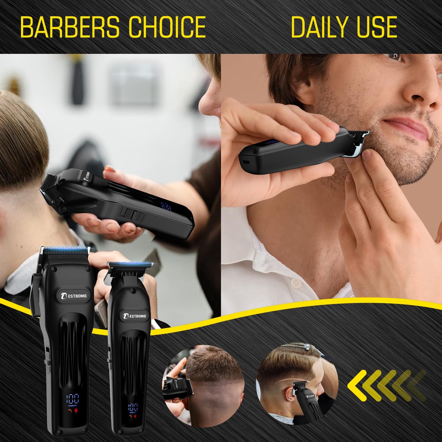 BESTBOMG® Professional Hair Clippers for Men, Professional Barber Clippers and Trimmer Set, Mens Cordless Hair Clipper for Barbers Haircut Kit Fade, BS-808A (Black)