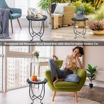 Aonagi 1 Pack 14 Inch Round Side Table, Bedside Table for Living Room, Bedroom, Weather Resistant Black Metal Outdoor