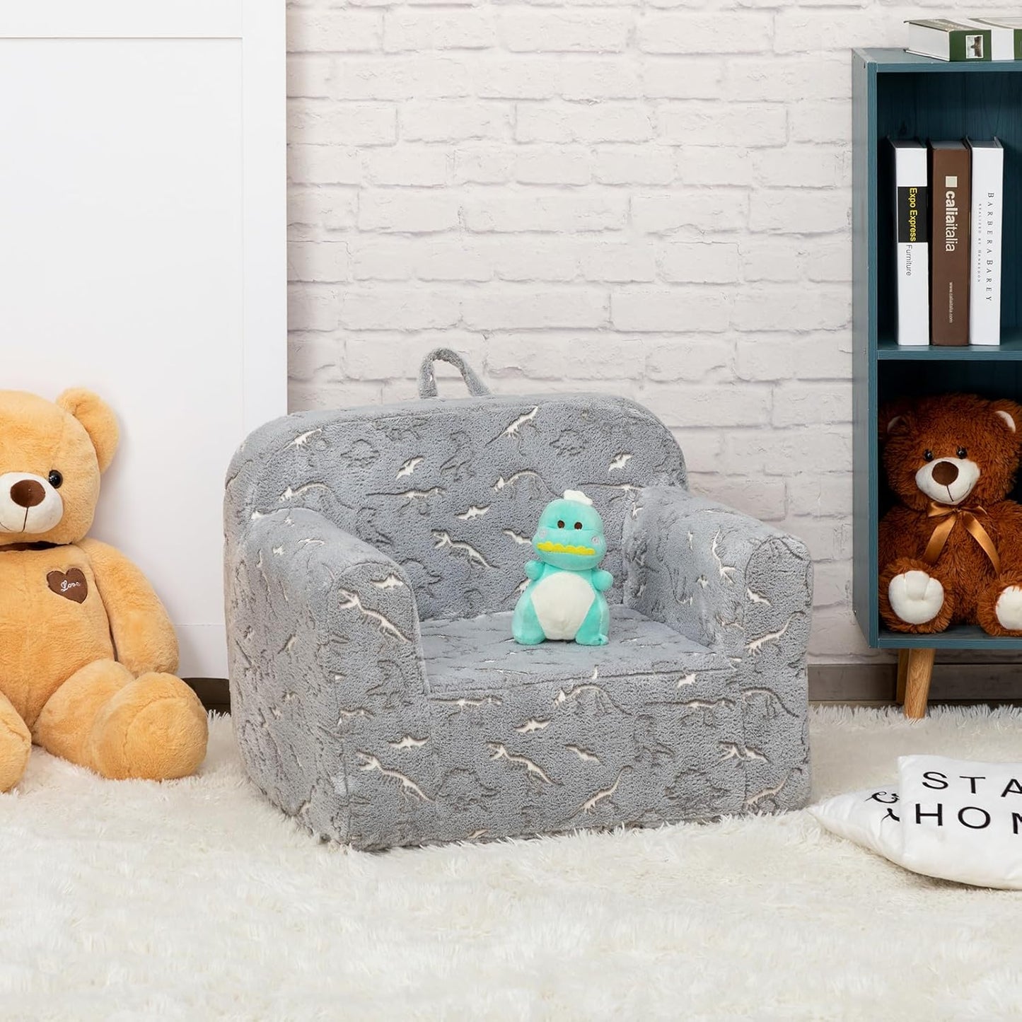 ALIMORDEN Kids Ultra-Soft Snuggle Foam Filled Chair, Glow-in-The-Dark Dinosaurs Fossil Pattern Toddler Cuddly Sherpa