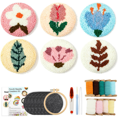 6 Pcs Punch Needle Coaster Kit for Adults Beginner, Plant Floral Punch Needle Embroidery Kit with Yarns, Hoop, Threader, Felt Cloths, Instruction, Coaster Making Supplies for Home Decor, Gift Making