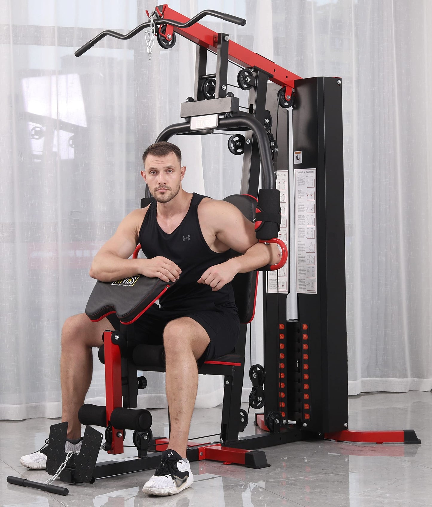 Fitvids Multifunctional Home Gym System Workout Station with Leg Extension and Preacher Curl, 122.5LB Weight Stack, M750, Multiple Pacakges