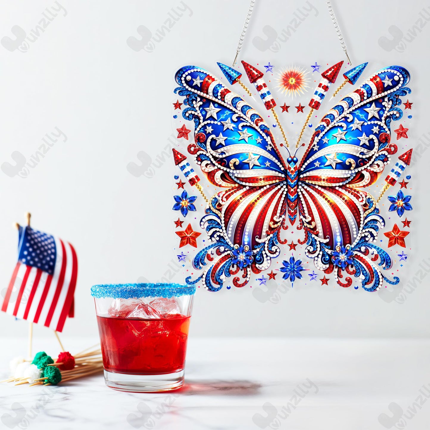 Yunzlly DIY Hanging Diamond Art Pendant Kit 4th of July, Special Crystal Double Sided Diamonds Painting Ornament Kit for Adults, Acrylic Gem Painting Board for Window&Door&Wall (Butterfly)