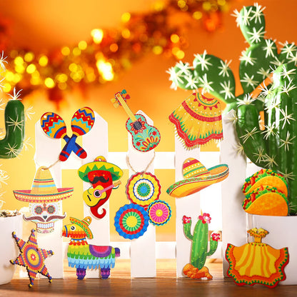 Maitys 24 Pcs Cinco De Mayo Tree Decorations Mexican Fiesta Wooden Ornaments Cinco De Mayo Tree Ornament Mexican Hanging Decoration for Holiday Party Supplies Outdoor