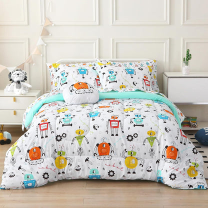 Sets 6 Set Set Mooreeke Twin Size Comforter for Boys Kids, Pieces Bed in a Bag White Robot Bedding Comforter Sheet