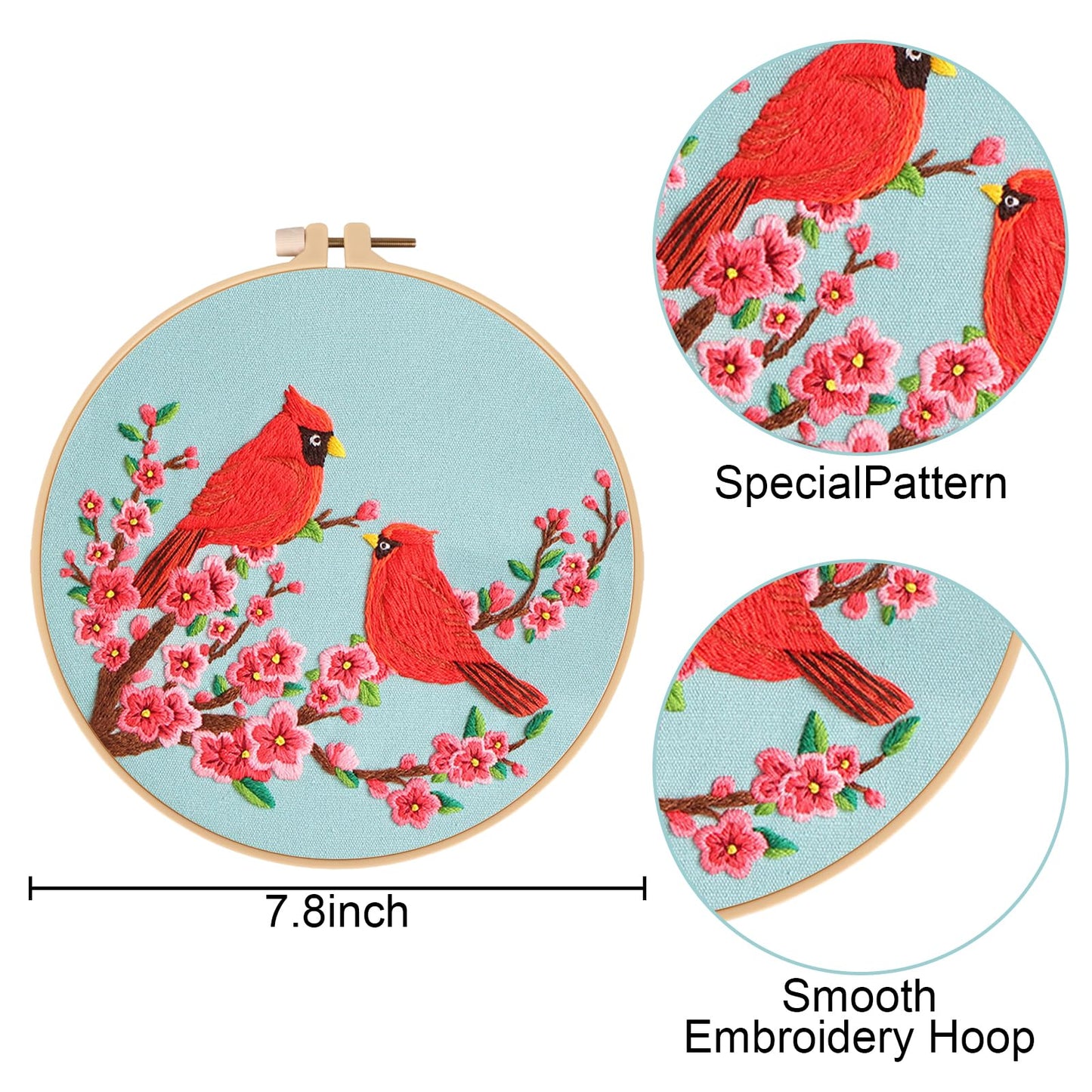 Nuberlic 3 Pack Embroidery Kit for Beginner Adults, Cross Stitch Set with Cardinal & Blue Bird Patterns, Includes Cloth, Hoops, Threads, Needles, Instructions