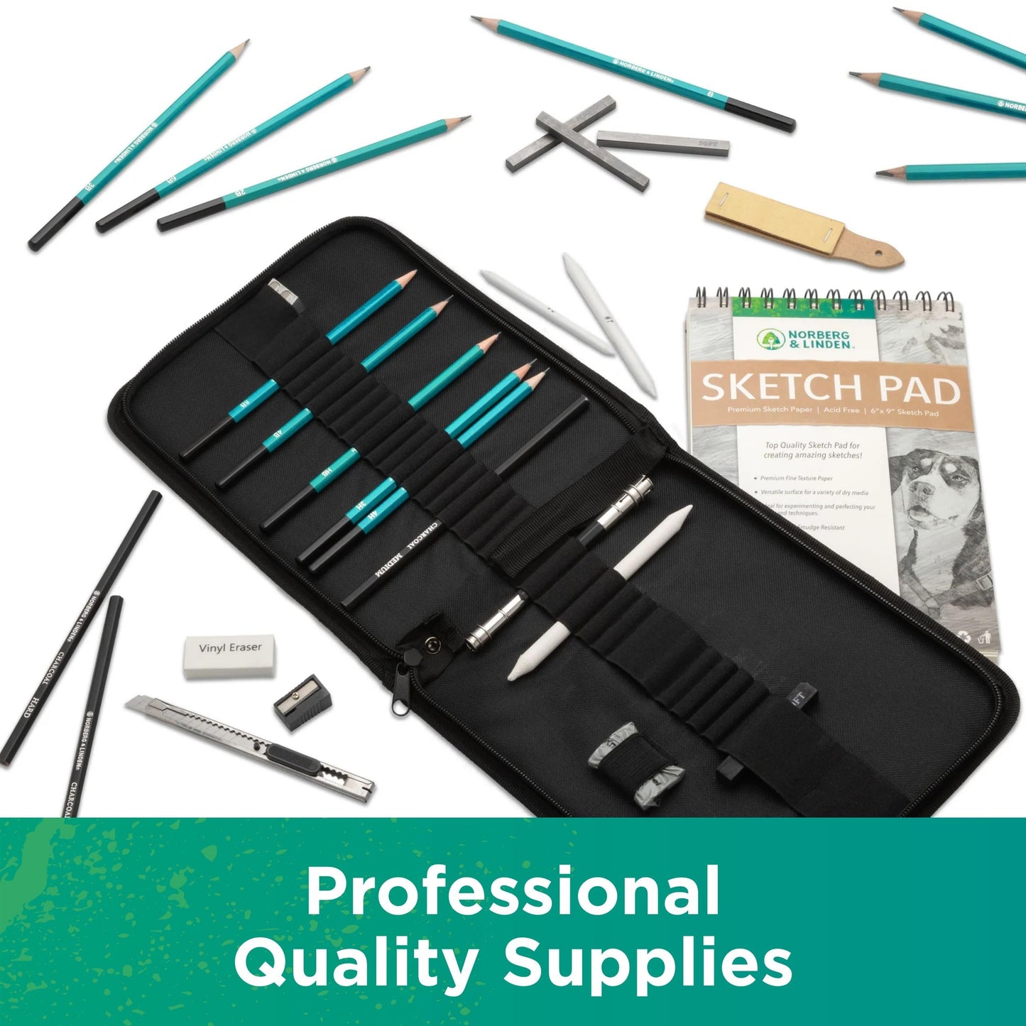 Norberg & Linden XL Drawing Set - Sketching, Graphite and Charcoal Pencils. Includes 100 Page Drawing Pad, Kneaded Eraser, Blending Stump. Art Kit and Supplies for Teens and Adults
