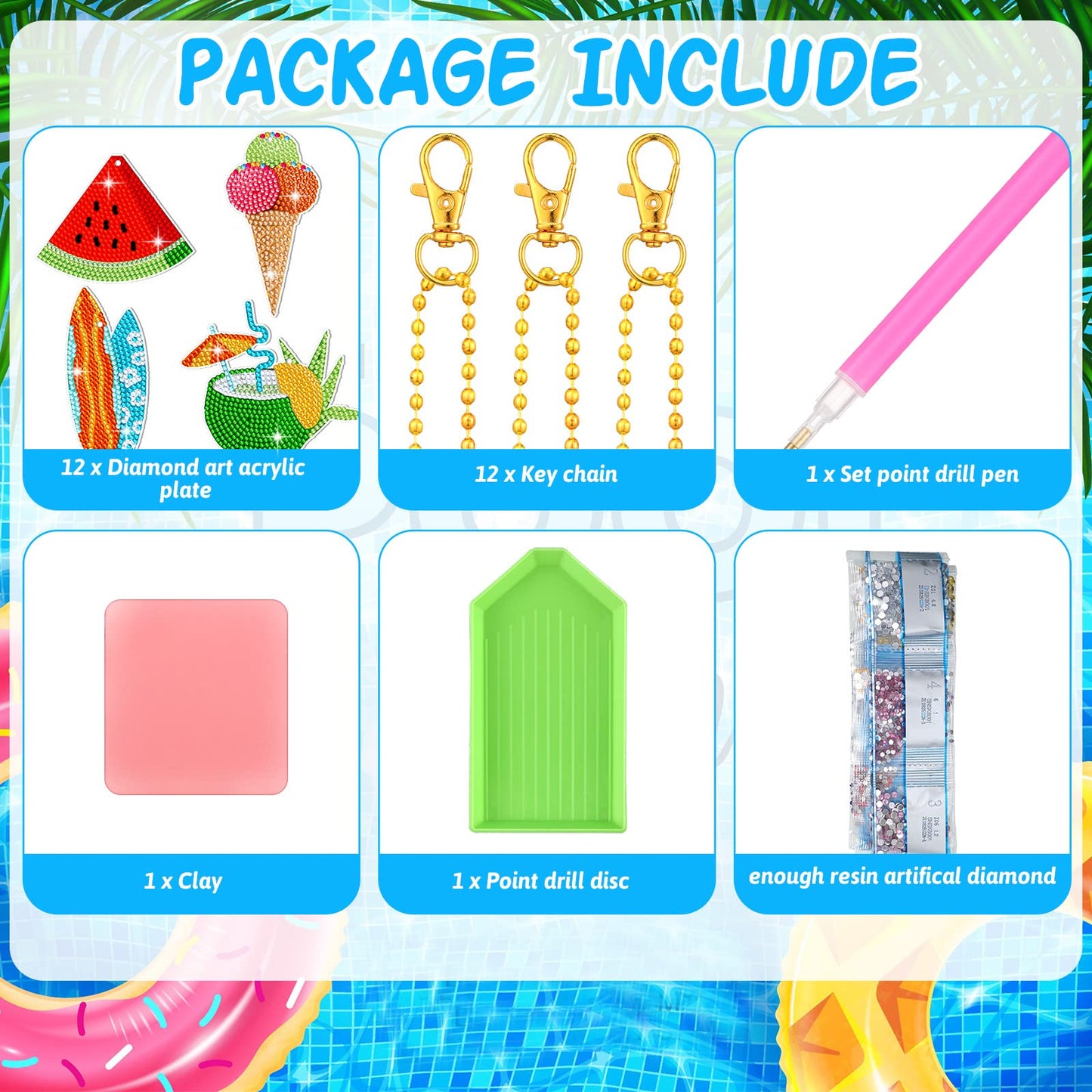 Thinkday 12 Pack Summer Diamond Painting Keychain Kits 5D Diamond Art Keychains DIY Painting Kit Summer Hanging for Kids DIY Crafts