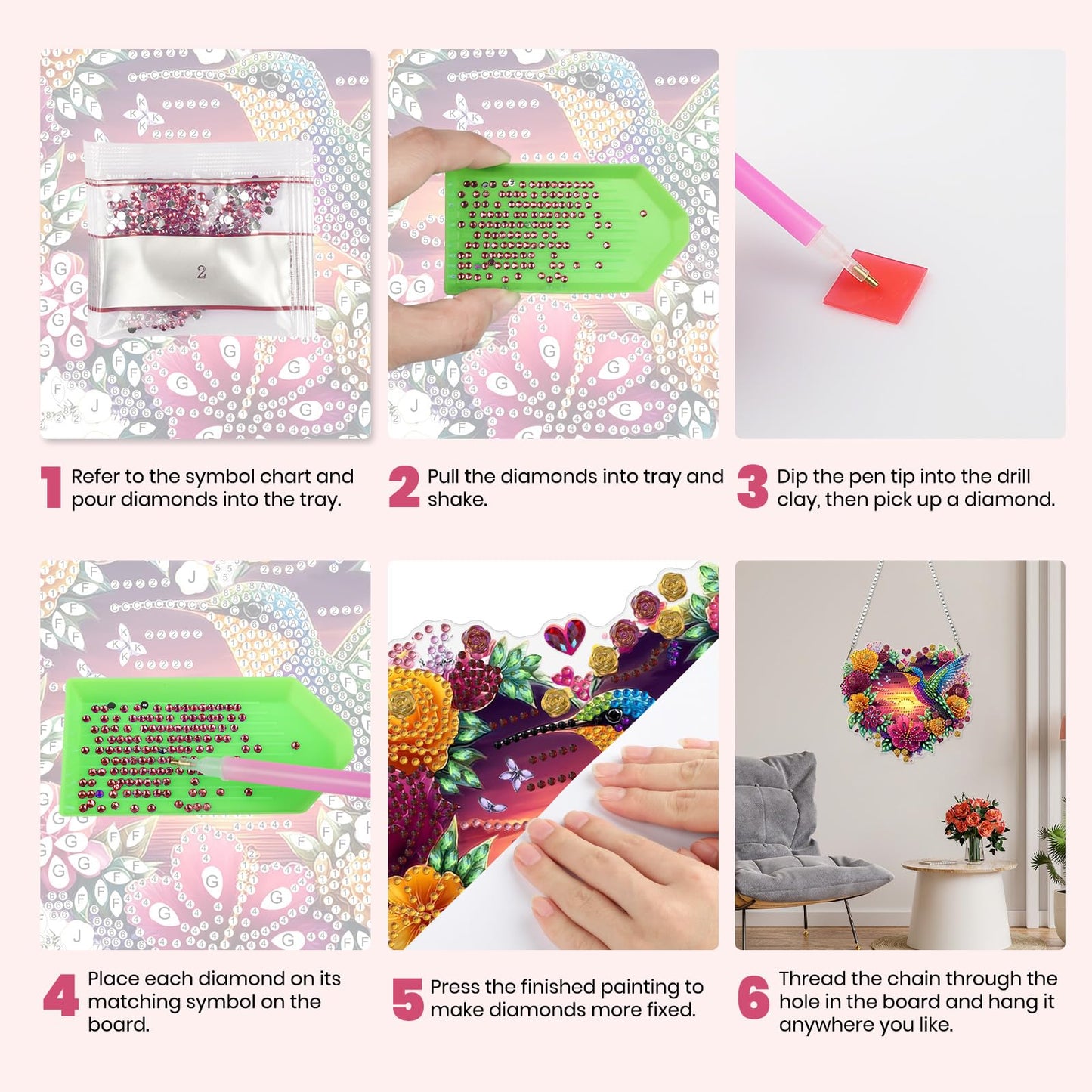 MXJSUA Flowers Hummingbird Diamond Art Hanging Kits for Adults Beginners, Crystal Diamond Suncatchers, Special Shape Diamond Painting Pendant Window Ornament Gifts for Home Garden Door Wall Decor