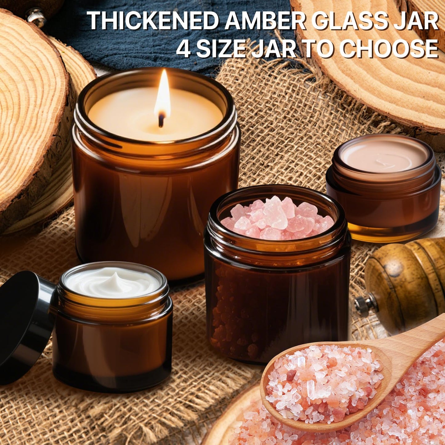 8oz, 4oz, 2oz and 1oz Amber Glass Jars with Lids, 8-Pcs Amber Jars with Inner Liners, Round Dark Jars for Making Candle, Cosmetice Container, Lotion Jar, with Sticker and 8p Spatulas