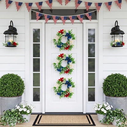 Yunlly 4 Pcs Artificial Dahlia Candle Rings Wreaths, Patriotic Red White and Blue Floral Rings Holders with LED Flameless Candles for 4th of July Independence Day Memorial Day Table Centerpiece