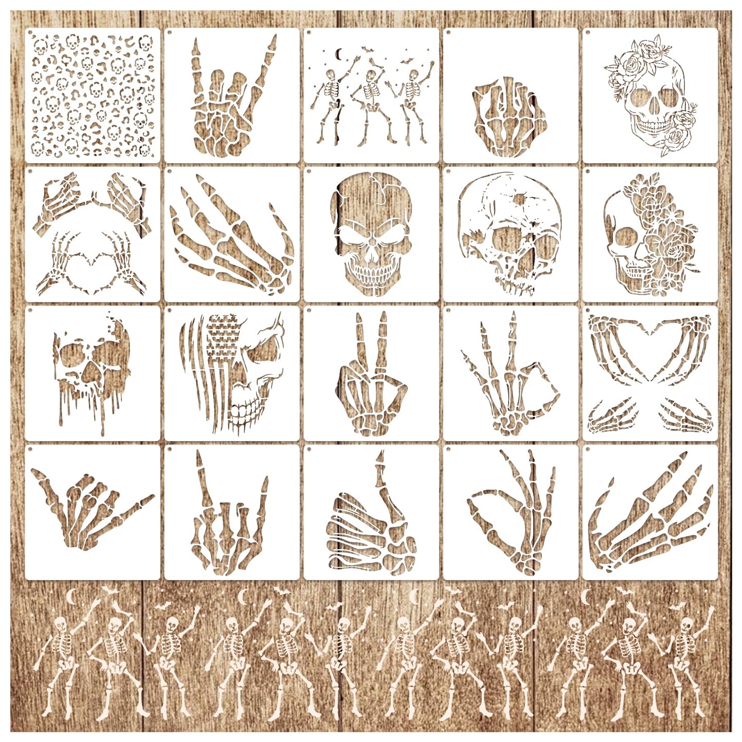 Skull Stencils for Painting on Wood Reusable Drawing Skeleton Hand Finger Templates Spray Paint Stencil for Airbrushing Wall Canvas Fabric DIY Craft Home Decoration(Skull)