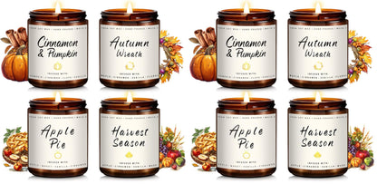 Auelife Fall Candle Set | 8 Pack Scented Candles for Home - Candle Gifts for Women Men, Soy Candles Home Scented | Autumn Fragrance of - Apple Pie/Cinnamon/Harvest/Wreath