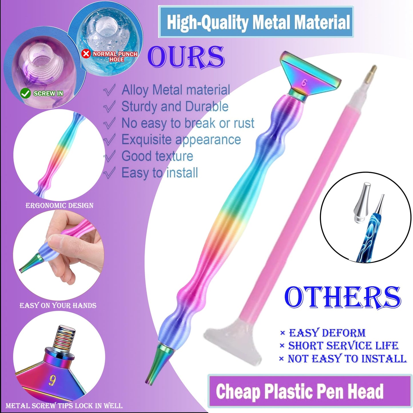 jecxucci Diamond Painting Art Drill Bead Dot Pen Kit with 6pcs Stainless Steel Tips, 6 Glue Clays, Diamond Art Roller and 50Pcs Cleaner Paper, 5D Diamond Painting Trays Sticky Pad (Colorful)