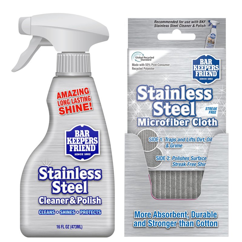 Bar Keepers Friend Stainless Steel Cleaner and Polish Spray (16 oz) Plus 1 Microfiber Cleaning Cloth, 2pc Cleaning Kit to Remove Oily Fingerprints, Grime and Food Debris without Dulling Surfaces