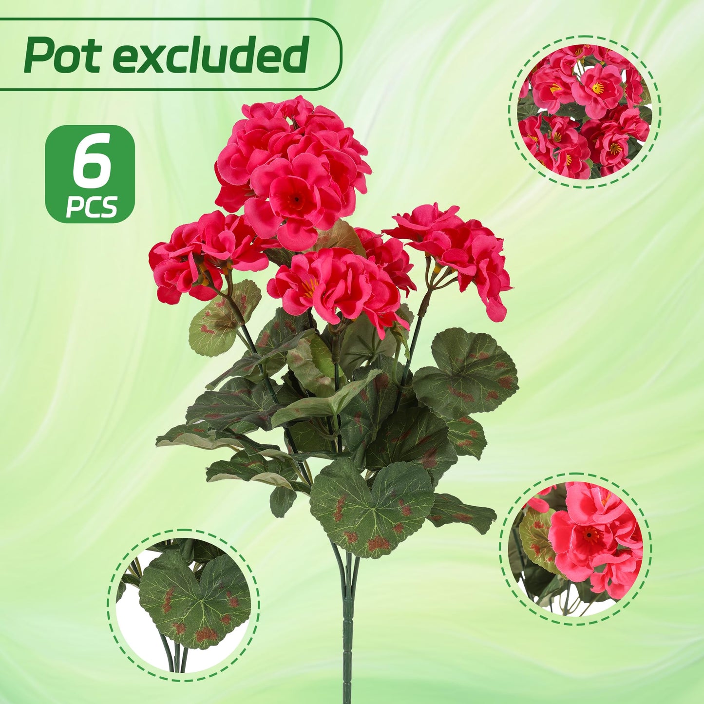 Apexion Artificial Geranium Flowers for Outdoors, 6 pcs Silk Geraniums Fake Flowers UV Resistant Faux Plants for Front Door Garden Porch Planter Decoration (Hotpink)