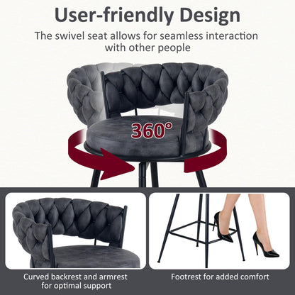 YOUNIKE Bar Stools Set of 2, 28.7 inch Seat Height Bar Chairs, 360° Swivel Counter Height Barstools with Woven Back and Armrest, Upholstered Suede Fabric Counter Stools for Kitchen Island, Pub, Grey